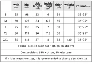 Size chart showing waist and hip measurements for stretch cotton sports shorts