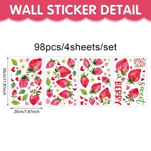 98pcs cute strawberry wall stickers with white flowers and leaves for home decor
