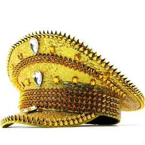 Sequin Captain Hat Metal Spikes Studded Rhinestone Military Performance Festival Party Punk Style For Adult