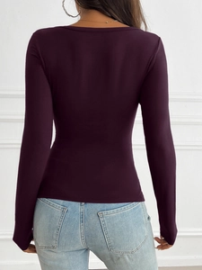 Slim fit deep purple Y2K long sleeve t-shirt for women back view with button details