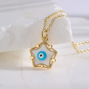 18K gold plated copper necklace featuring a star pendant with blue evil eye enamel detail