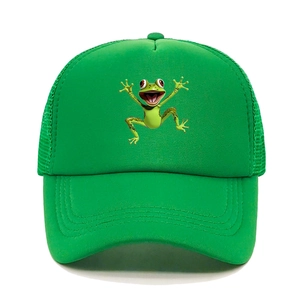 Green mesh trucker hat featuring a cartoon frog print for sun protection and style