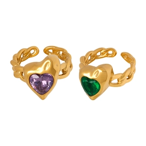 Adjustable gold plated titanium rings with heart shaped purple and green zircon stones