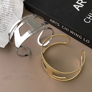 Polished gold and silver hollowed H-letter cuff bracelets in elegant wide open design