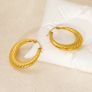 Golden stainless steel hoop earrings with twist spiral texture in French croissant style