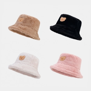 Bucket Hat Faux Fur Plush Cute Bear Embroidery Patch Thickened Warm Winter Outdoor For Women