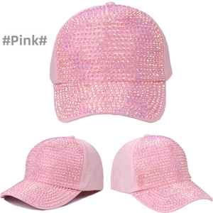 Three-view detail of pink baseball cap featuring full sparkling rhinestone embellishments