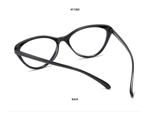 Detailed 45-degree side and back view of black cat-eye eyeglass frames showing sleek structure