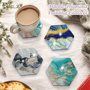 Detail of marble pattern diamond painting coasters with hexagonal shape on soft fabric