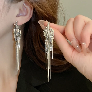 Silver fringe drop earrings with wheat ear design and long metal tassel tassels