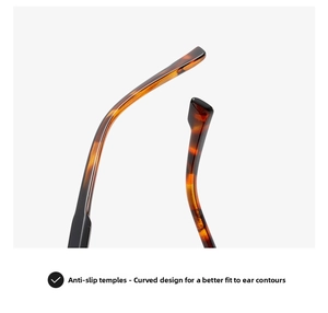 Macro view of tortoise shell sunglasses temple with anti-slip curved ear hook design