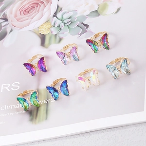 Set of colorful butterfly open rings with gradient crystals and gold metal finish