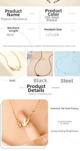 Detailed specs for 18K gold plated pigeon necklace with 48cm chain and pendant dimensions