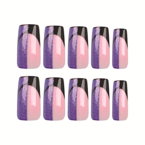 French style long square press-on nails with purple glitter and black geometric patchwork