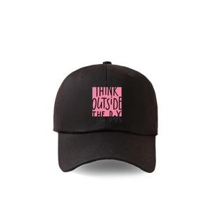 Detail of black cotton baseball cap with pink Think Outside The Box square print