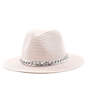 Light beige woven straw fedora hat featuring a stylish silver metal chain decoration