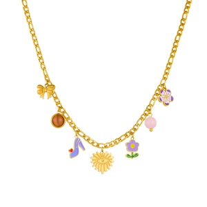 Gold-plated necklace with colorful enamel charms like high heels, flowers and bows