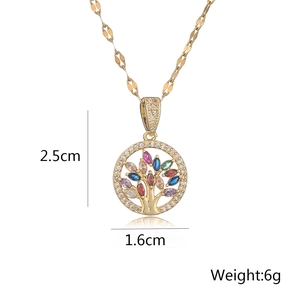 Gold tree of life necklace with colorful stones and white zircons on white background