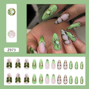 24pcs Dark Green and Nude Pink Press-on Nails with Gold Butterfly and Pearl Accents
