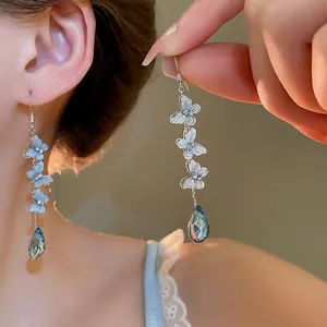 Blue Butterfly Long Tassel Earrings Rhinestone Teardrop Pendant Alloy Resin Jewelry With 925 Sterling Silver Earring Post