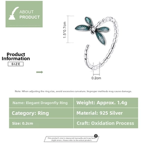 Macro detail of 925 sterling silver dragonfly ring with dimensions and enamel wings