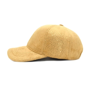 Side view of winter velvet baseball cap with sparkling gold glitter and 6-panel crown design