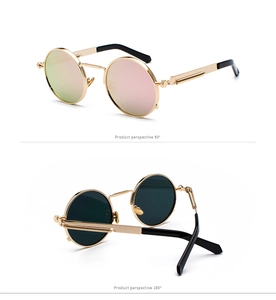 Detail view of round steampunk sunglasses with spring temples and gradient pink lenses