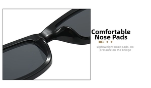Detail of comfortable integrated nose pads on black square retro sunglasses