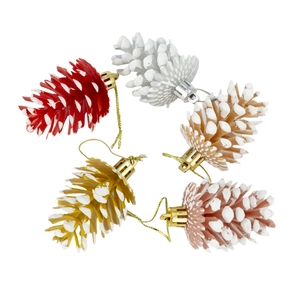 Lot de 5 ornements de Noël en forme de pomme de pin enneigée en rouge, or et blanc