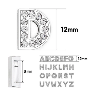 8mm silver alloy rhinestone A-Z slide letters for DIY jewelry bracelets and straps