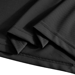 Macro detail of breathable black mesh fabric and high-quality stitching on the polo shirt