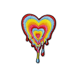 Colorful melting heart embroidery patch with vibrant multi-color thread on white background