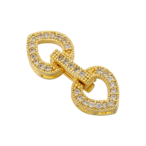 Gold-plated double heart jewelry clasp with pave cubic zirconia and white pearl accent