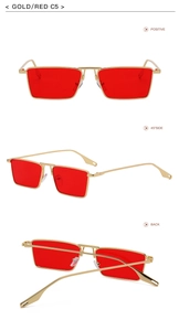 Gold rectangular sunglasses with red lenses shown in front, side, and back views