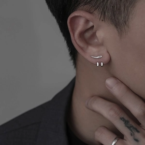 Silver punk hook earring set with crystal inlay and dual circular hoops for men