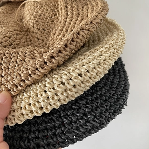 Handmade crochet straw berets for women in khaki, beige, and black colors