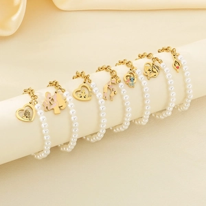 Splicing Bracelet Stainless Steel O Chain Faux Artificial Pearl Heart Mother Child Pendant Mother Day Jewelry Gift Women Fashion