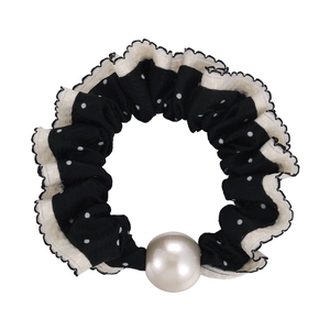 Vintage black and white polka dot scrunchie with lace trim and elegant pearl detail