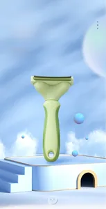 Détail du peigne de toilettage vert clair avec manche en silicone sur une scène bleue 3D