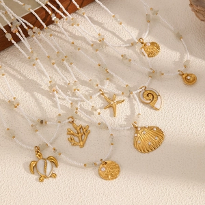 Ocean Theme Pendant Necklace Stainless Steel White Beads Sea Turtle Shell Starfish For Women Summer Beach Jewelry