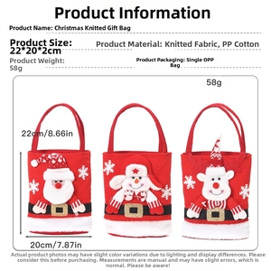 Three knitted Christmas gift bags featuring Santa, Snowman, and Reindeer with size details