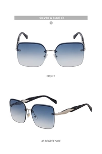 Detail view of silver square sunglasses with blue gradient lenses and marble temples