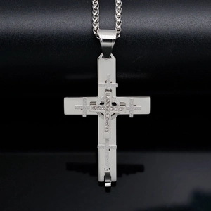 Three-piece stainless steel hip hop layered frosted cross necklace with small diamonds