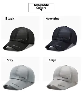 Detail view of four-color breathable mesh baseball caps in black, navy, grey, and beige