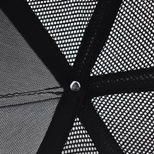 Macro shot of breathable black mesh interior and reinforced seams of the baseball cap