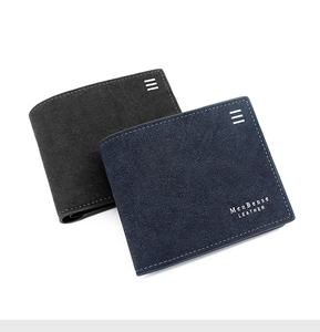 Close-up of MenBense bi-fold wallets in navy and grey with matte frosted leather texture