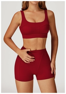 Dettaglio del reggiseno sportivo rosso scuro elasticizzato e pantaloncini a vita alta