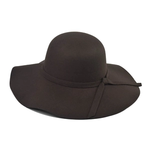 Detail of dark brown wool felt fedora featuring a wide wavy brim and side bow tie knot