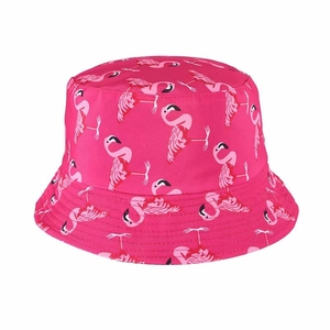 Close-up of hot pink bucket hat featuring flamingo print and detailed circular stitching