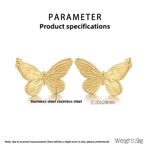 Detailed specs of butterfly earrings in gold stainless steel, size 33x24mm and weight 9g